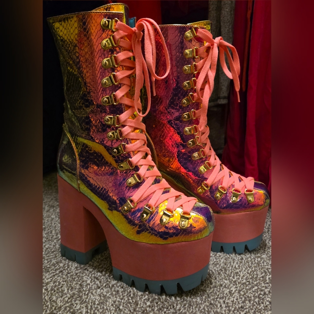 Dolls Kill Iridescent Lace-Up Platform Boots